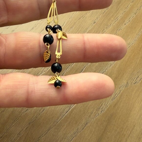 Vintage Gold & Black Beaded Dangle Earrings With Leaf Accents - Picture 7 of 7